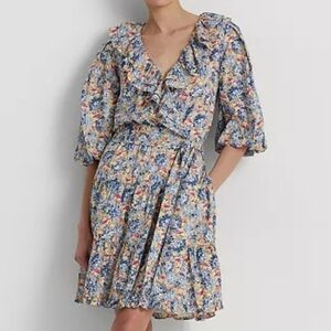Laruen Ralph Laruen Floral Ruffle-Trim Cotton Voile Dress 10 Blouson Sleeves